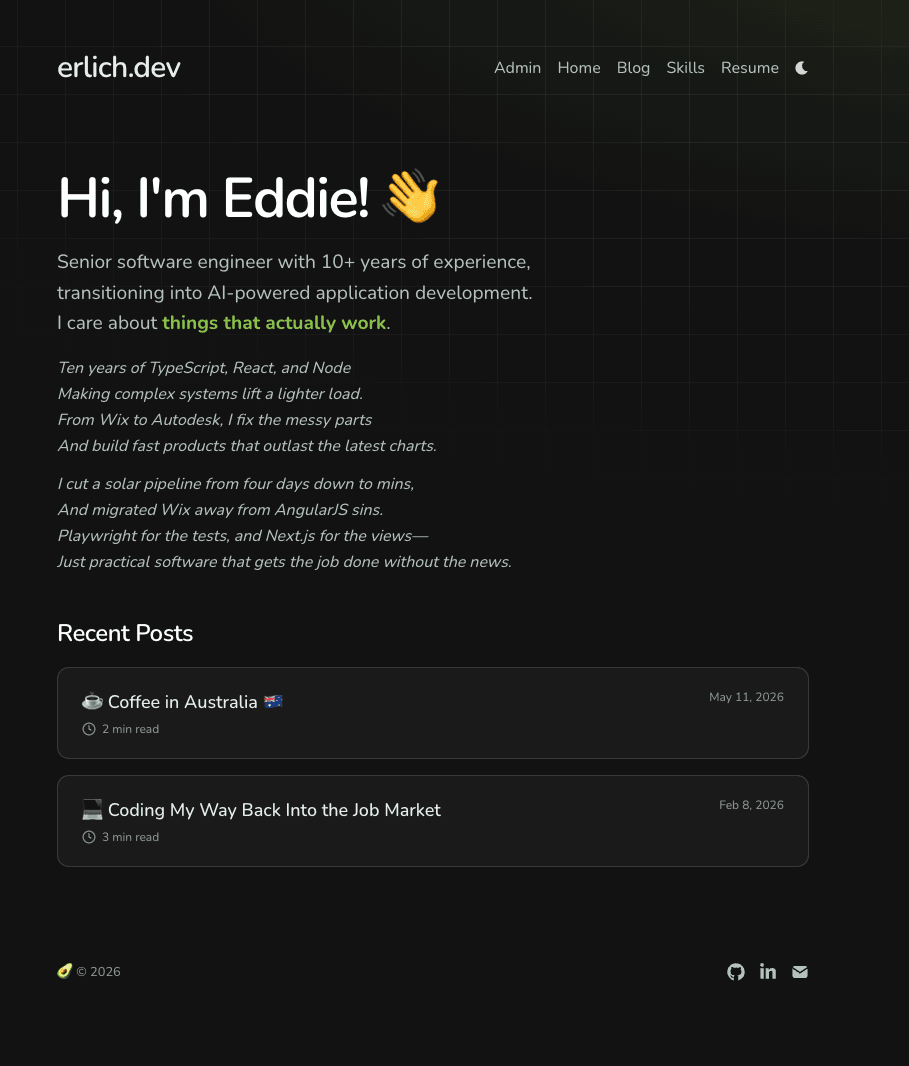 Redesigned portfolio homepage in dark mode, featuring the AI-generated poem